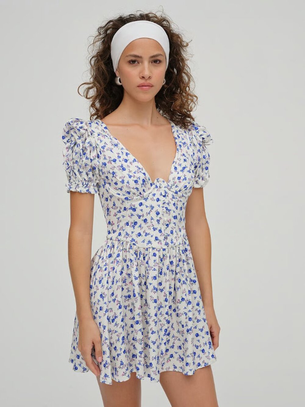 For Love & Lemons Paulina Puff-Sleeve Mini Dress | Blue Floral | Small | NWT - Picture 2 of 4